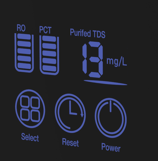 360 Infinity Tankless RO front display with live TDS readout