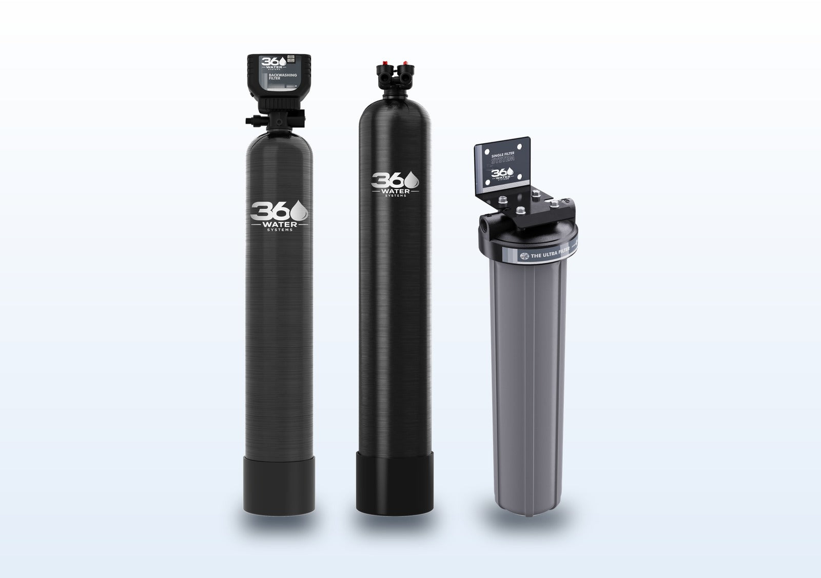 360 Water Full House Combo and Sediment Capture — backwashing filter, softening media tank, and sediment ultra filter